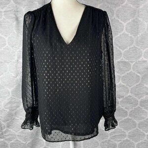 Anne Klein Black Sheer Gold Dot Blouse Size S Long Sleeve Lined